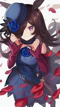 1girl animal_ears bare_shoulders black_thighhighs blue_dress blue_flower blue_hat blue_rose blush breasts brown_hair closed_mouth collarbone dagger dress fascinator flipped_hair flower fur_choker hair_over_one_eye hat hat_flower highres horse_ears horse_girl horse_tail knife long_hair long_sleeves looking_at_viewer off-shoulder_dress off_shoulder petals purple_eyes rice_shower_(rosy_dreams)_(umamusume) rice_shower_(umamusume) rose sheath sheathed small_breasts smile solo tail thighhighs tilted_headwear umamusume weapon yanoyoru