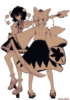 2girls animal_ears bare_shoulders black_hair blunt_bangs closed_mouth collared_shirt commentary detached_sleeves expressionless frills full_body geta hair_between_eyes hat highres holding holding_shield holding_sword holding_weapon inubashiri_momiji kneehighs leaf_print looking_at_viewer maple_leaf_print medium_hair monochrome multiple_girls pom_pom_(clothes) shameimaru_aya shield shirt short_eyebrows short_sleeves skirt sleeveless sleeveless_shirt smile socks standing sword symbol-only_commentary tail tengu-geta tokin_hat touhou turtleneck turtleneck_shirt twitter_username watage_milktea weapon white_background white_hair white_socks wolf_ears wolf_girl wolf_tail