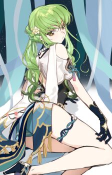 1girl black_gloves black_shoes c.c. china_dress chinese_clothes code_geass cosplay creayus dress flower from_side gloves green_hair hair_flower hair_ornament high_heels highres honkai:_star_rail honkai_(series) long_hair looking_at_viewer looking_to_the_side ponytail ruan_mei_(honkai:_star_rail) ruan_mei_(honkai:_star_rail)_(cosplay) shoes solo yellow_eyes