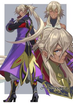 Rule 34 | 1boy, blue eyes, boots, closed mouth, coat, commentary request, dark-skinned male, dark skin, full body, glasses, gloves, indesign, long hair, looking at viewer, male focus, ponytail, smile, volsung (wild arms), wild arms, wild arms 5