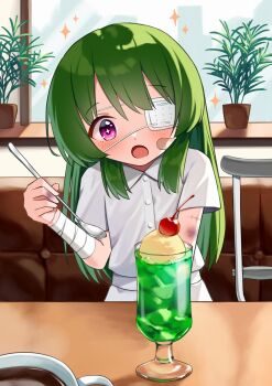 1girl bandaged_arm bandages bandaid bandaid_on_face blush bruise bruise_on_arm bruise_on_finger bruise_on_hand buttons cafe cherry city coffee coffee_mug couch crutch cup day drink eyepatch food fruit glass_of_soda green_hair happy highres holding holding_spoon ice ice_cream injury karabako_tanuki long_hair looking_at_food mug open_mouth original pink_eyes plant plaster scar scar_on_arm shirt sitting sitting_on_couch sitting_on_sofa sparkle spoon surprised table upper_body white_eyepatch white_shirt window