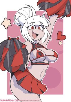 1girl ass bra breasts cheerleader dankodeadzone demon demon_girl demon_horns helltaker highres horns lucifer_(helltaker) medium_breasts mole mole_under_eye navel red_bra red_eyes red_skirt skirt smile toon_(style) underwear white_hair white_horns