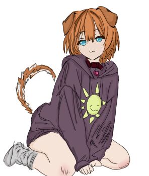 1girl :3 animal_ears arms_between_legs black_hoodie blue_eyes brown_hair collar dog_ears dog_girl dog_tail hood hoodie looking_at_viewer non-web_source original short_hair simple_background sitting sketch socks sun_print tail wariza