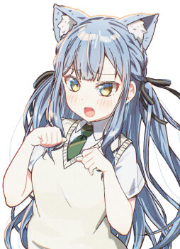 1girl animal_ear_fluff animal_ears bang_dream! bang_dream!_it&#039;s_mygo!!!!! black_ribbon blue_hair blush cat_ears cat_girl collared_shirt commentary diagonal-striped_clothes diagonal-striped_necktie extra_ears fangs green_necktie grey_sweater_vest hair_ribbon haneoka_school_uniform highres kemonomimi_mode long_hair looking_at_viewer necktie open_mouth ribbon school_uniform shirt sidelocks simple_background skull573 solo striped_clothes sweater_vest togawa_sakiko white_background white_shirt yellow_eyes