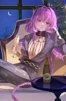 Rule 34 | 1girl, absurdres, alternate costume, bottle, braid, breasts, closed mouth, commentary, cup, drinking glass, earrings, fingernails, grey jacket, grey pants, hair intakes, hand up, hashtag-only commentary, highres, holding, holding cup, indoors, ishmael (pgr), jacket, jewelry, looking at viewer, medium breasts, mofumanju, nail polish, night, no bra, open clothes, open jacket, pants, pink eyes, punishing: gray raven, purple hair, purple nails, purple wings, sitting, solo, triangle earrings, window, wings