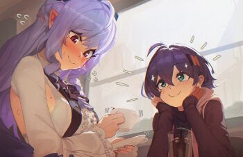 2girls belle_(zenless_zone_zero) black_shirt blue_hair blush bow breasts center_frills commentary cup dress drill_hair english_commentary flying_sweatdrops frills gem gloves green_eyes hair_ornament highres holding holding_cup holding_plate indoors letter_hair_ornament medium_breasts mole mole_under_eye multiple_girls orange_gloves plate pointy_ears purple_bow purple_gem purple_hair red_eyes roro_(tpghksdlzpq) shirt shrug_(clothing) smile vivian_banshee wavy_mouth white_dress white_shrug zenless_zone_zero