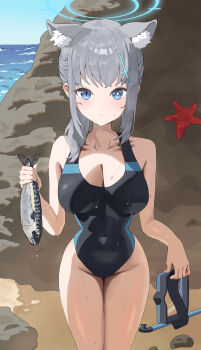 1girl absurdres animal animal_ear_fluff animal_ears bare_arms bare_shoulders black_one-piece_swimsuit blue_archive blue_eyes blue_halo blush breasts cleavage cross_hair_ornament fish fishing_rod grey_hair hair_ornament halo highleg highleg_one-piece_swimsuit highres holding holding_animal holding_fish holding_fishing_rod ichinisan326 large_breasts long_hair looking_at_viewer official_alternate_costume official_alternate_hairstyle one-piece_swimsuit parted_lips ponytail shiroko_(blue_archive) shiroko_(swimsuit)_(blue_archive) sidelocks solo swimsuit wet wolf_ears wolf_girl