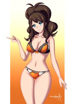 Rule 34 | 1girl, absurdres, bikini, blue eyes, bra, brown hair, collarbone, hand up, head tilt, high ponytail, highres, hilda (pokemon), hilda (sygna suit) (pokemon), lace, lace-trimmed bra, lace trim, long hair, looking at viewer, navel, nintendo, orange bra, orange panties, panties, parted, pointing, pokemon, pokemon masters ex, ponytail, sidelocks, smile, sonicheroxd, swimsuit, thigh gap, underwear