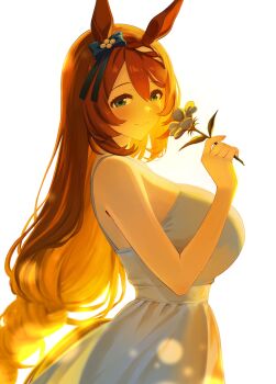 1girl animal_ears bare_shoulders blue_eyes blush bow breasts brown_hair commentary_request dress ear_bow english_text flower from_side highres holding holding_flower horse_ears horse_girl horse_tail large_breasts long_hair narumi_yuzurai sleeveless sleeveless_dress solo super_creek_(umamusume) tail umamusume very_long_hair white_background white_dress