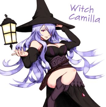alternate_costume bad_tag breasts camilla_(fire_emblem) cleavage dress fire_emblem fire_emblem_fates floating hair_over_one_eye hat lantern large_breasts long_hair looking_at_viewer nintendo one_eye_covered purple_eyes purple_hair simple_background third-party_edit waitingforgames wavy_hair witch witch_hat
