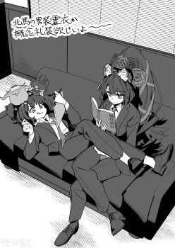 2girls absurdres book commentary_request couch dog_tail fate/grand_order fate_(series) flower formal_clothes full_body greyscale hair_flower hair_ornament highres holding holding_book holding_notepad indoors jacket katsushika_hokusai_(fate) katsushika_hokusai_(third_ascension)_(fate) koisaka_ien kyokutei_bakin_(fate) kyokutei_bakin_(first_ascension)_(fate) long_hair long_sleeves monochrome multiple_girls necktie notepad on_couch pant_suit pants ponytail reading shirt short_hair smile suit tail tongue tongue_out trait_connection translation_request white_shirt
