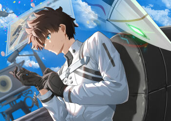 1boy adjusting_clothes adjusting_gloves black_gloves black_hair blue_eyes blue_sky cloud cloudy_sky commentary_request fate/grand_order fate_(series) fujimaru_ritsuka_(male) fujimaru_ritsuka_(male)_(decisive_battle_chaldea_uniform) gloves highres jacket long_sleeves mamono5 short_hair sidelighting sky smile solo sweatdrop upper_body white_jacket