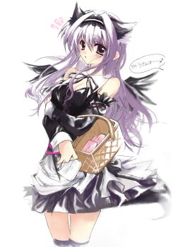 1girl 2000s_(style) amaha_miu animal_ear_hairband animal_ears arm_under_breasts bare_shoulders basket black_dress black_hairband black_sleeves blush breasts cat_ear_hairband cat_ears cleavage cleavage_cutout clothing_cutout collarbone commentary_request detached_sleeves dress eee_mii fake_animal_ears hair_intakes hairband highres holding holding_basket holding_tissue large_breasts long_hair looking_at_viewer mashiroiro_symphony notice_lines open_mouth purple_eyes purple_hair simple_background solo speech_bubble standing tissue white_background