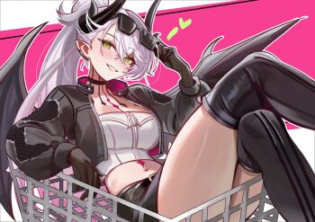 0nineo9 1girl absurdres black_hands black_jacket black_skirt blush body_markings breasts cleavage colored_extremities commentary cropped_jacket crossed_bangs crossed_legs demon_girl demon_horns demon_wings english_commentary fate/grand_order fate_(series) green_eyes grey_hair grin highres horns jacket large_breasts lilith_(fate) lilith_(over_the_same_sky)_(fate) long_hair long_sleeves looking_at_viewer midriff miniskirt navel pencil_skirt ponytail skirt smile solo stomach_tattoo sunglasses tattoo thighhighs thighs wings