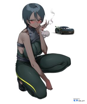 1girl absurdres bare_shoulders black_hair black_shoes blush bodysuit breasts car cars_(movie) collarbone dark-skinned_female dark_skin green_bodysuit hair_between_eyes highres holding holding_lighter large_breasts lewis_hamilton_(cars) lighter mole mole_on_shoulder mole_under_eye motor_vehicle nisp_art open_mouth personification shoes short_hair smoke smoking taut_clothes vehicle_and_personification white_background