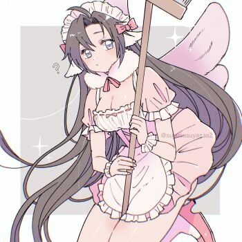 1girl ? ahoge alternate_costume apron arthropod_girl bare_legs between_legs black_hair blush bow breasts brown_hair cleavage dress enmaided frilled_dress frilled_sleeves frills fur_collar genderswap genderswap_(mtf) grey_eyes hair_bow hair_down half_updo high_heels highres holding holding_mop insect_girl insect_wings kemonomimi_mode long_hair looking_at_viewer maid maid_apron maid_headdress medium_breasts modao_zushi mop moth_girl moth_wings neck_ribbon official_alternate_hairstyle parted_lips pink_bow pink_dress pink_ribbon pink_shoes puffy_short_sleeves puffy_sleeves ribbon shoes short_dress short_sleeves solo sparkle twitter_username very_long_hair wei_wuxian wei_wuxian_(yiling_laozu) white_apron wings wrist_cuffs yaichi00
