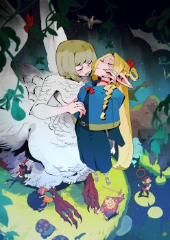 3boys 3girls absurdres ambrosia_(dungeon_meshi) animal_ears armor beard belt black_hair blonde_hair blue_capelet blue_robe braid brown_hair capelet cat_ears cat_girl cat_tail chilchuck_tims chimera choker dungeon_meshi elf facial_hair fake_horns falin_touden falin_touden_(chimera) feathers helmet highres hippogriff holding holding_staff holding_sword holding_weapon horned_helmet horns imminent_bite izutsumi knife laios_touden long_hair marcille_donato multiple_boys multiple_girls pants pointy_ears red_choker robe sandals senshi_(dungeon_meshi) short_hair staff sword tail taur walking_mushroom_(dungeon_meshi) weapon white_pants zenhiro