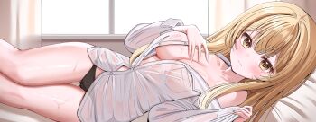 1girl absurdres bare_shoulders black_panties blonde_hair blush breast_pocket breasts buttons character_request cleavage closed_mouth collarbone collared_shirt commentary curtains furrowed_brow hair_between_eyes hand_on_own_chest hand_up highres hiyayo25 indie_virtual_youtuber indoors long_hair long_sleeves looking_at_viewer lying medium_breasts mole mole_under_eye on_back panties partially_unbuttoned pocket see-through_clothes see-through_shirt shirt sidelocks single_bare_shoulder single_sleeve_past_wrist solo sweat symbol-only_commentary thighs underwear very_long_hair virtual_youtuber white_shirt window yellow_eyes