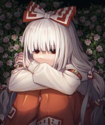 Rule 34 | 1girl, blunt bangs, bow, bush, c i an, commentary request, feet out of frame, flower, fujiwara no mokou, hair bow, highres, hugging own legs, juliet sleeves, long hair, long sleeves, looking at viewer, medium bangs, multiple hair bows, ofuda, ofuda on clothes, orange pants, pants, pink flower, puffy sleeves, red eyes, shirt, sidelocks, sitting, solo, touhou, white bow, white hair, white shirt