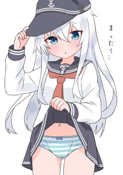 1girl :o anchor_symbol black_hat black_sailor_collar black_skirt blue_eyes blue_panties bow bow_panties clothes_lift commentary_request cowboy_shot flat_cap hat hibiki_(kancolle) highres kantai_collection lifting_own_clothes loli long_hair long_sleeves looking_at_viewer matu_(matu19) miniskirt navel neckerchief open_mouth panties peaked_cap pleated_skirt red_neckerchief sailor_collar sailor_shirt school_uniform serafuku shirt simple_background skirt skirt_lift solo striped_clothes striped_panties translation_request underwear variant_set white_background white_hair