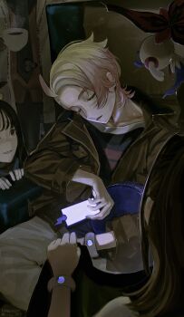 03_oxo 2boys 2girls absurdres ahoge black_hair blonde_hair bracelet brown_hair brown_jacket closed_eyes collarbone commentary_request cup floette floette_(eternal) gen_6_pokemon grin harmony_(pokemon) highres holding holding_cup holding_phone jacket jewelry lida_(pokemon) multiple_boys multiple_girls naveen_(pokemon) necktie nintendo pants phone pokemon pokemon_(creature) pokemon_legends:_z-a shirt sitting smile steam teacup urbain_(pokemon) vest