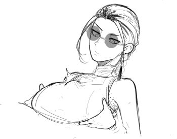 1girl braid braided_ponytail breasts earrings frown gokurakugai jewelry large_breasts mir_(miryumiya) paizuri paizuri_under_clothes simple_background sketch sunglasses tao_(gokurakugai) white_background