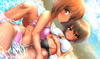 2girls bathing bikini blue_sky blush breasts brown_eyes brown_hair cleavage closed_eyes cloud commentary_request covered_erect_nipples dark-skinned_female dark_skin day dutch_angle from_behind girls_und_panzer hair_between_eyes highres large_breasts leg_up looking_at_viewer looking_back lying multiple_girls navel nishizumi_maho nishizumi_miho on_back on_side orange_hair outdoors partially_submerged pink_bikini revision same-sex_bathing shared_bathing shiina_excel short_hair siblings sisters sky small_breasts stomach swimsuit tan tareme thighs tsurime water white_bikini yuri
