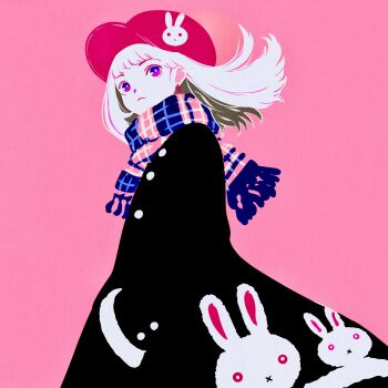 1girl absurdres black_jacket closed_mouth earrings firework_japan from_side hat highres hoop_earrings jacket jewelry long_hair mixed-language_commentary multicolored_eyes original pink_background pink_eyes pink_hat purple_eyes rabbit scarf simple_background solo swept_bangs two-tone_eyes upper_body white_hair x_mouth