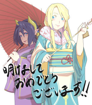 Rule 34 | 2girls, alternate costume, arrow (projectile), bat tattoo, black hair, blonde hair, blue eyes, blush, breasts, closed mouth, commentary request, cowboy shot, demon girl, demon horns, digimon, digimon (creature), eyeshadow, forehead tattoo, fur-trimmed kimono, fur trim, green kimono, hair between eyes, hamaya, hand up, highres, holding, holding arrow, holding umbrella, horns, japanese clothes, kimono, large breasts, lilithmon, long hair, long sleeves, looking at viewer, makeup, mole, mole under eye, multiple girls, no headwear, no wings, obi, ofanimon, oil-paper umbrella, pointy ears, purple eyeshadow, purple kimono, purple lips, purple nails, sash, short hair, sidelocks, simple background, smile, standing, swept bangs, taira (tairamon), tattoo, translation request, umbrella, white background, wide sleeves