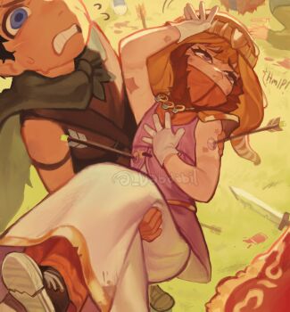 Rule 34 | 2boys, absurdres, black hair, blonde hair, blue eyes, cape, carrying, dabi bill, dress, fur-trimmed hood, fur trim, highres, hood, kenny mccormick, male focus, multiple boys, princess, princess carry, purple eyes, south park, south park: the stick of truth, stan marsh, sweat, wig