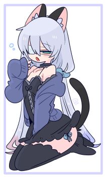 1boy :o animal_ear_fluff animal_ears arm_between_legs armpit_crease bare_shoulders black_collar black_dress black_thighhighs blue_cardigan blue_eyes blue_hair blue_panties blue_scrunchie blush cardigan cat_boy cat_ears cat_tail collar collarbone colored_tips commentary crossdressing crossdressing_(mtf) dress eyepatch fang from_side full_body grey_tail hair_between_eyes hair_ornament hair_scrunchie hand_up highres long_hair long_sleeves low_twintails male_focus medical_eyepatch microdress multicolored_hair narrowed_eyes no_nose no_shoes off_shoulder one_eye_covered op_na_yarou open_cardigan open_clothes open_mouth original panties panty_peek red_hair rigel_(op_na_yarou) scrunchie seiza side-tie_panties sidelocks simple_background sitting sleeveless sleeveless_dress sleeves_past_wrists solo spaghetti_strap squeans tail thighhighs thighs trap twintails underwear very_long_hair watermark white_background white_hair yawning