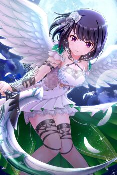 1girl alternative_girls angel_wings black_hair breasts cleavage closed_mouth dress feathers flower full_moon hair_flower hair_ornament heart heart_necklace highres holding holding_weapon looking_at_viewer moon necklace night night_sky official_art onitsuka_chiho red_eyes short_hair sky smile solo weapon white_dress white_feathers wings