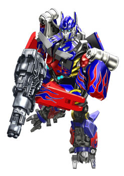 blue_eyes diaosdiaos4 gun highres holding holding_gun holding_weapon machine machinery mecha mecha_focus no_humans optimus_prime robot science_fiction simple_background solo transformers transformers_(live_action) weapon white_background