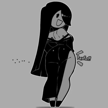 1girl animated animated_gif ass ass_shake bare_shoulders black_eyes black_hair bouncing_breasts breasts commentary cream_(movail2) curvy dress english_commentary english_text from_behind gluteal_fold grey_background large_breasts long_hair looking_at_viewer looking_back looping_animation monochrome movail2 narrow_waist original side_slit simple_background solo thick_thighs thighs very_long_hair wide_hips