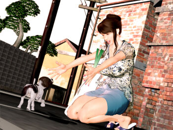 1girl brown_hair dog earrings hair_bun jewelry kill_the_king kneeling nail_polish sandals single_hair_bun skirt solo spring_onion squatting