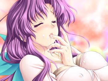 1girl aoi_sakura_(tsuma_shibori) blush breasts closed_eyes cum cum_in_mouth cum_on_body cumdrip dress facial finger_sucking game_cg hair_ribbon jewelry kuroda_akimi large_breasts licking licking_cum long_hair non-web_source official_art parted_bangs purple_hair ribbon ring simple_background tearing_up tsuma_shibori tsumamigui_(series) wedding_ring