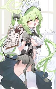 1girl absurdres alternate_costume apron ass black_dress black_panties blue_archive blush breasts commentary_request demon_girl demon_tail dress fang gloves green_hair green_halo hair_between_eyes halo highres holding holding_menu kabedoru long_hair looking_at_viewer maid maid_apron maid_headdress menu nozomi_(blue_archive) open_mouth panties pointy_ears short_sleeves sideboob sidelocks skin_fang small_breasts solo tail thighhighs twintails underwear wedgie white_gloves white_thighhighs yellow_eyes