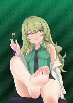 1girl absurdres barefoot black_necktie black_skirt breasts chinese_commentary coat commentary_request feet foot_focus green_background green_hair green_shirt highres holding holding_test_tube honkai_(series) honkai_impact_3rd lab_coat long_hair looking_at_viewer miniskirt mobius_(honkai_impact) mobius_(pre-surgery)_(honkai_impact) necktie parted_lips sasaki3rd shirt sitting skirt slit_pupils small_breasts soles solo test_tube toes variant_set very_long_hair white_coat
