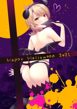 1girl 2021 absurdres alternate_costume ass atelier_z44 bare_back bat_wings bikini bikini_bottom_only black_boots black_thighhighs boots breasts brown_eyes brown_hair commentary_request convenient_censoring convenient_wing covering_own_mouth curled_horns demon_tail english_text fake_horns fake_tail fake_wings foot_out_of_frame from_behind full_moon halloween halloween_costume hand_up happy_halloween heart high_heels highres horned_headwear horns isshiki_iroha knee_boots looking_at_viewer looking_back low_wings median_furrow medium_breasts medium_hair moon multi-strapped_bikini_bottom night shoulder_blades sideboob signature solo standing standing_on_one_leg swimsuit tail thighhighs thong_bikini topless_female wings yahari_ore_no_seishun_lovecome_wa_machigatteiru.