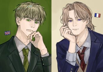 2boys axis_powers_hetalia blonde_hair collared_shirt facial_hair france_(hetalia) french_flag goatee_stubble green_background green_eyes highres jacket long_sleeves looking_at_viewer male_focus multiple_boys necktie purple_eyes shirt short_hair smile split_screen stubble thick_eyebrows union_jack united_kingdom_(hetalia) upper_body wanlaijuji132 yellow_background