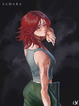 1girl absurdres blood burn_scar cowboy_shot expressionless grey_tank_top hand_on_own_face highres l3xarts_17 looking_back midriff muscular muscular_female red_eyes red_hair samara_(shadow_slave) scar shadow_slave solo tank_top wiping_blood