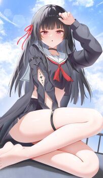 1girl absurdres arm_cutout arm_up barefoot black_choker black_hair black_jacket black_shirt black_skirt blue_sky breasts chisa_(wuthering_waves) choker clothing_cutout commentary crop_top day doraski hair_ribbon highres jacket long_hair long_sleeves looking_at_viewer medium_breasts neckerchief outdoors parted_lips red_eyes red_neckerchief red_ribbon ribbon sailor_collar shirt sitting skirt sky solo tacet_mark_(wuthering_waves) thigh_strap thighs white_sailor_collar wuthering_waves