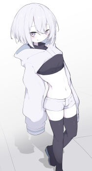 1girl absurdres breasts closed_mouth commentary_request crop_top dairi_(f.a.l) f.a.l highres hooded_shrug midriff navel original short_hair short_shorts shorts shrug_(clothing) small_breasts smile stomach thighhighs thighs turtleneck
