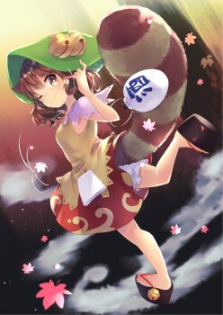 1girl animal_ears bell bloomers bottle brown_skirt female_focus from_behind full_body futatsuiwa_mamizou green_headwear jingle_bell leaf leaf_hat leaf_on_head looking_back maple_leaf notepad one_eye_closed platform_footwear raccoon_ears raccoon_tail sake_bottle sen1986 shirt skirt smile solo tail touhou underwear