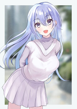 Rule 34 | 1girl, andon, blue eyes, highres, idolmaster, idolmaster shiny colors, long sleeves, looking at viewer, open mouth, shirt, smile, solo, standing, suzuki hana, white shirt