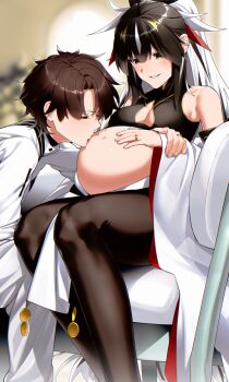 1boy 1girl ahoge bare_shoulders black_hair black_pantyhose blush breasts breasts_apart bright_pupils cleavage_cutout closed_eyes clothing_cutout commentary_request commission detached_sleeves fate/grand_order fate_(series) fujimaru_ritsuka_(male) hair_between_eyes halterneck hand_on_another's_arm hand_on_own_stomach jacket jewelry kissing_stomach long_hair long_sleeves medium_breasts multicolored_hair nagao_kagetora_(fate) navel pantyhose pixiv_commission ponytail pregnant ring short_hair smile star_(symbol) streaked_hair tamamoice teeth two-tone_hair uesugi_kenshin_(third_ascension)_(fate) very_long_hair wedding_ring white_hair white_jacket white_pupils wide_sleeves