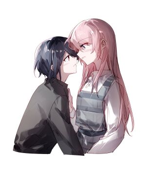 2girls bang_dream! bang_dream!_it&#039;s_mygo!!!!! black_shirt blush chihaya_anon dress eye_contact grey_dress grey_eyes grey_hair hand_on_another&#039;s_chest hibioes highres long_hair looking_at_another multiple_girls parted_lips pinafore_dress pink_hair shirt short_hair simple_background sleeveless sleeveless_dress sweat takamatsu_tomori white_background white_shirt yuri