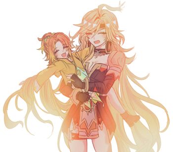 2girls ahoge black_choker black_dress black_gloves breasts carrying carrying_person child_carry choker cleavage closed_eyes commentary_request cowboy_shot dress genshin_impact gloves gradient_hair happy headband highres hine_(genshin_impact) kin_(k27i7n) large_breasts long_hair mavuika_(&quot;sunset&quot;)_(genshin_impact) mavuika_(genshin_impact) multicolored_hair multiple_girls open_mouth orange_hair outstretched_arms siblings simple_background sisters very_long_hair white_background