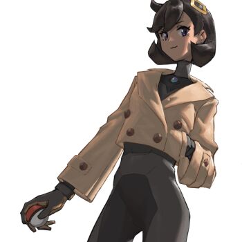 1girl black_bodysuit black_gloves black_hair bodysuit bodysuit_under_clothes brown_jacket closed_mouth dark-skinned_female dark_skin emma_(pokemon) gloves hair_ornament hand_in_pocket highres holding holding_poke_ball jacket latex latex_bodysuit looking_at_viewer mega_stone multicolored_gloves nintendo orange_gloves poke_ball poke_ball_(basic) pokemon pokemon_legends:_z-a psylduck purple_eyes short_hair simple_background smile solo two-tone_gloves white_background