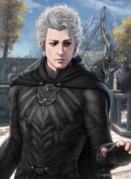 3boys alternate_costume artist_name astarion baldur's_gate baldur's_gate_3 black_cloak black_gloves blue_sky bow_(weapon) cloak crossover day dungeons_&amp;_dragons dungeons_&amp;_dragons fingerless_gloves gloves grey_hair helmet male_focus multiple_boys nightingale_armor outdoors red_eyes riften short_hair signature sky solo solo_focus supermareart the_elder_scrolls the_elder_scrolls_v:_skyrim tree weapon